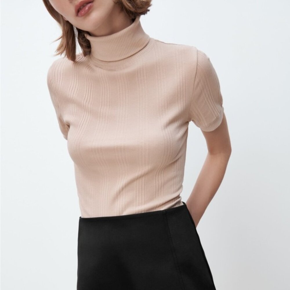 Zara Beige Ribbed Mockneck Short Sleeve Top